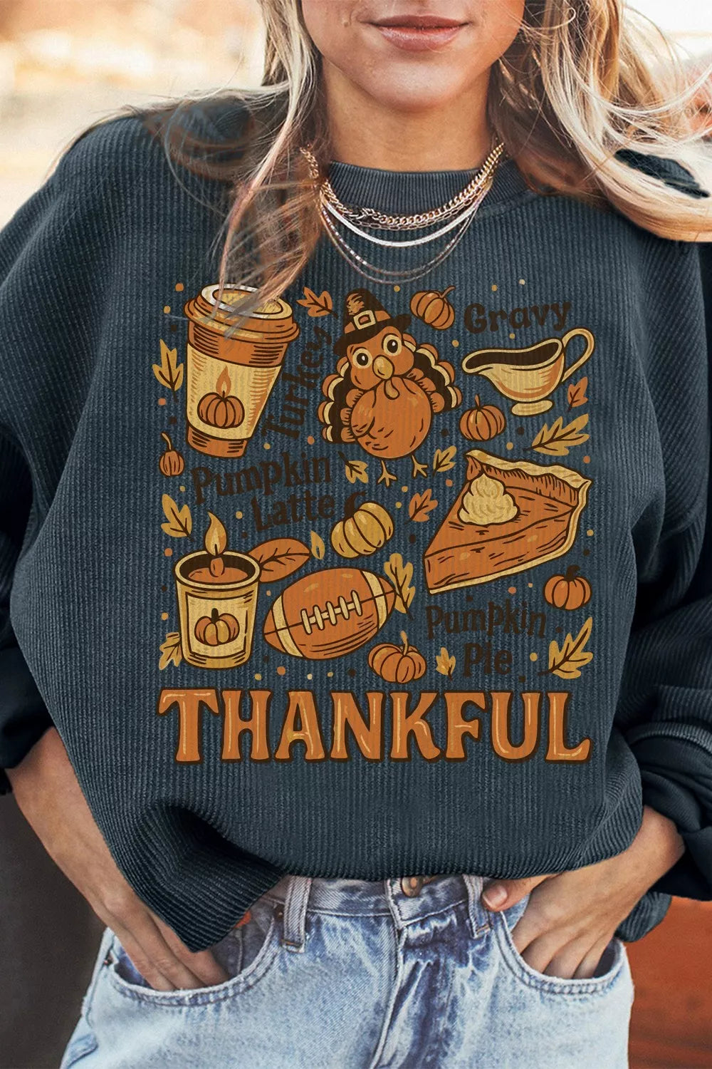 Thankful Thanksgiving Graphic Long Sleeve Sweatshirt 