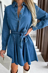 Tied Half Button Long Sleeve Denim Dress 