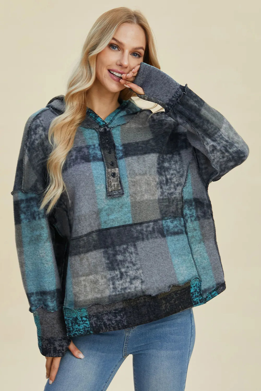 Double Take Full Size Plaid Dropped Shoulder Fleece Hoodie 