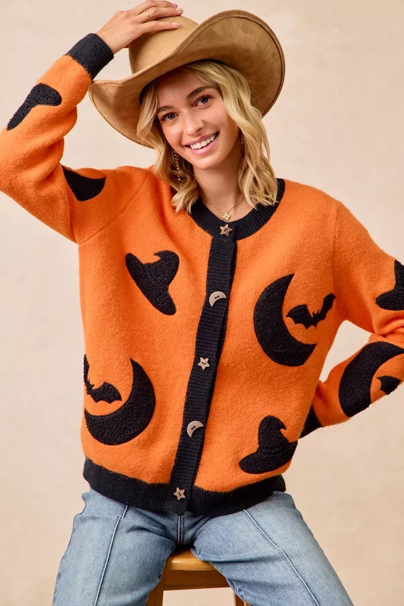 BiBi Halloween Witch Hat Moon Bat Artwork Cardigan 