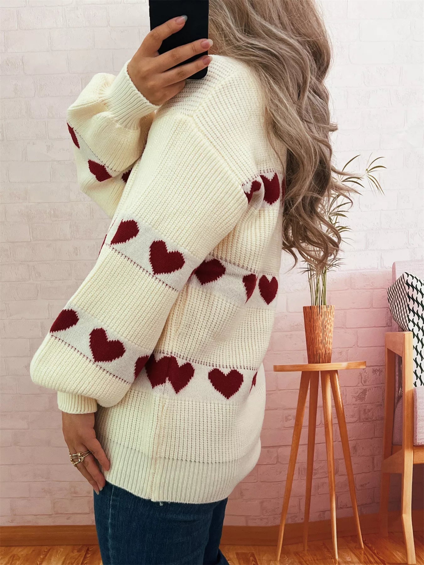 Heart Pattern Dropped Shoulder Sweater 