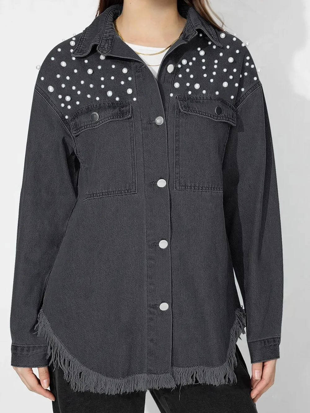 Raw Hem Pearl Trim Collared Neck Denim Top 