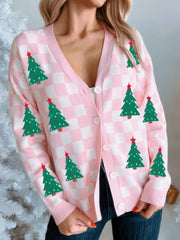 Christmas Tree Pattern Checkered Button V Neck Cardigan 