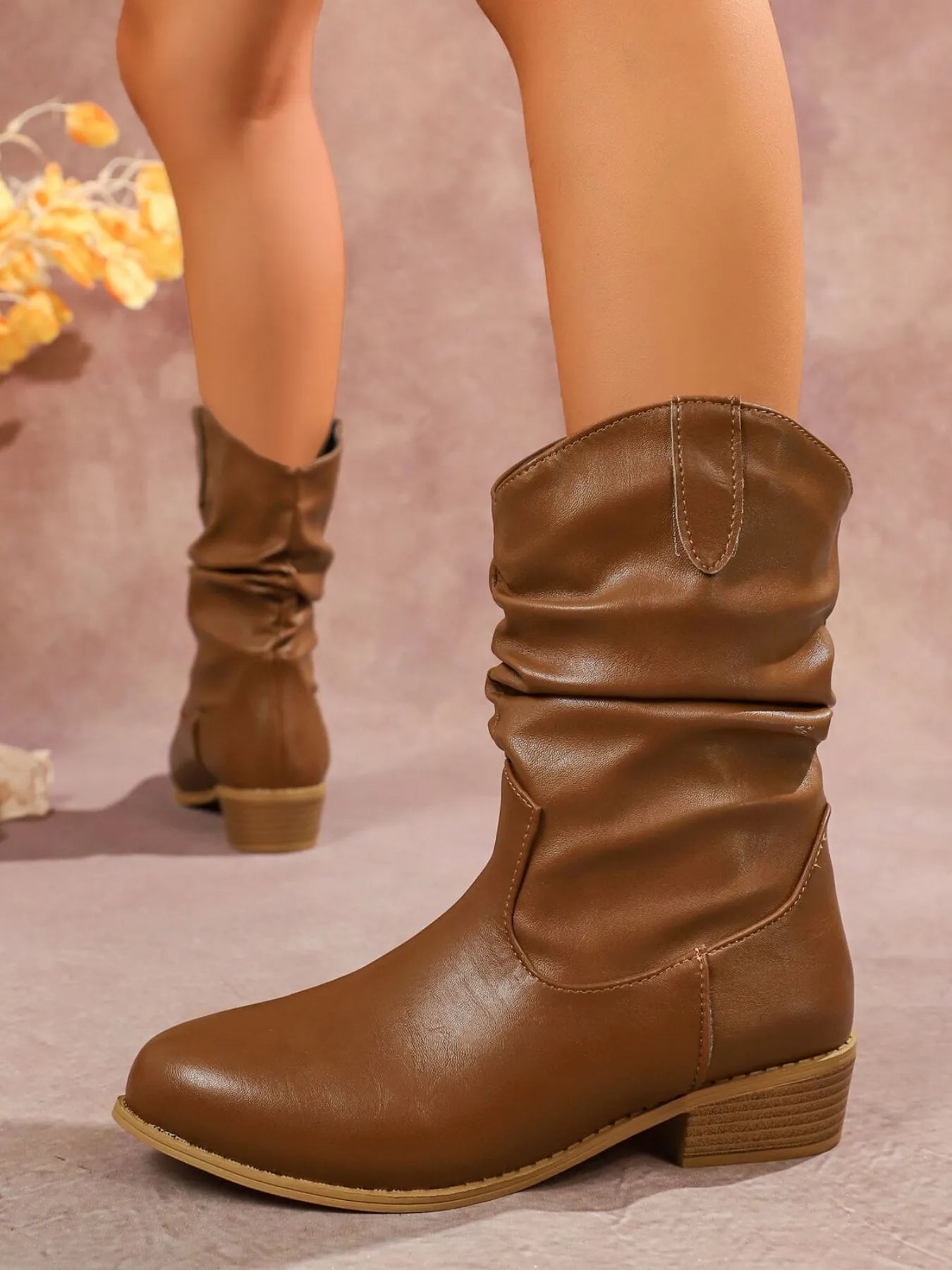Mid-Calf Western Boots with Block Heels 