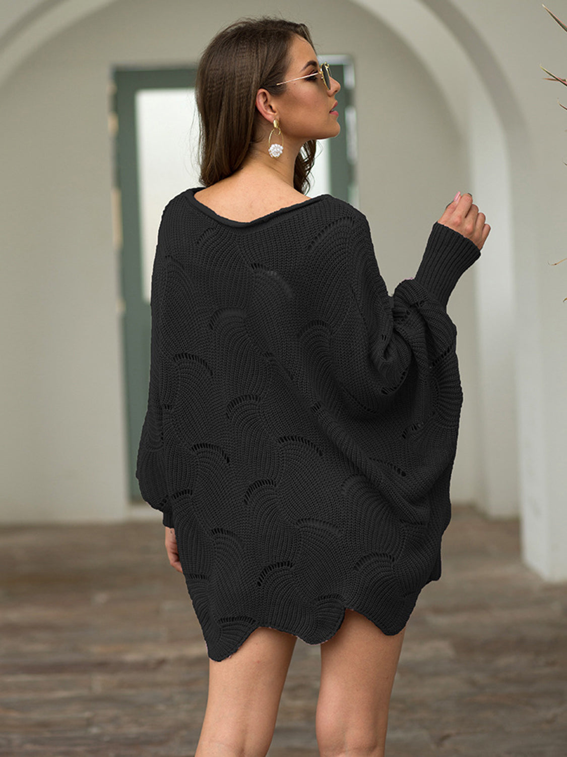 Full Size Boat Neck Lantern Sleeve Openwork Knit Top 