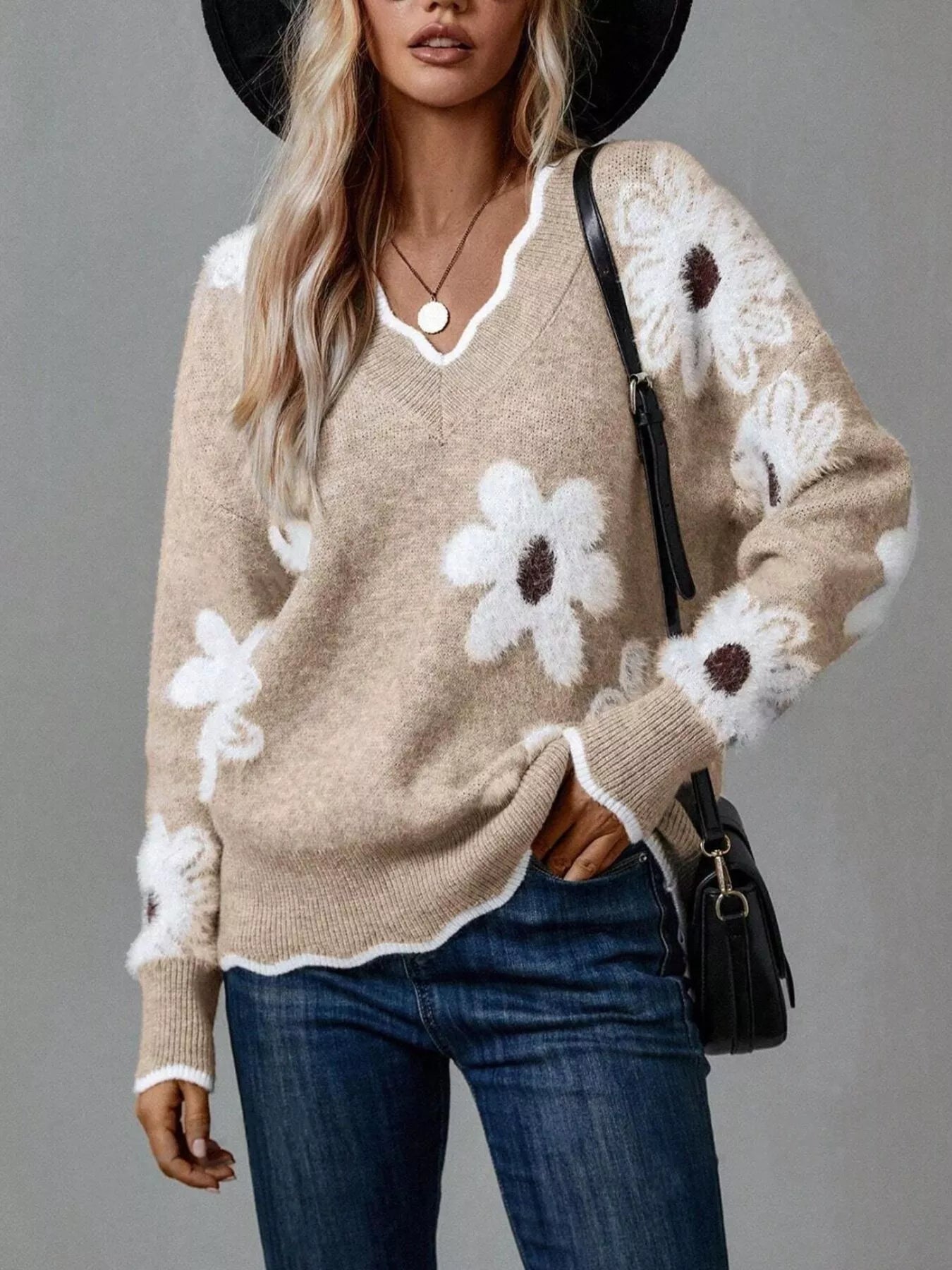 Floral V-Neck Long Sleeve Sweater 