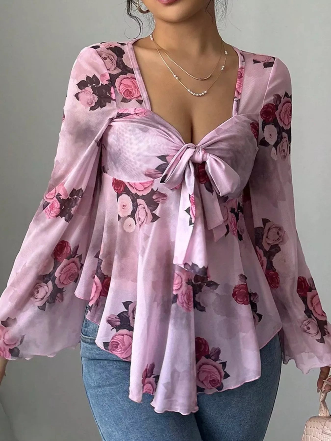 Floral Print Tie Front Flare Sleeve Blouse 