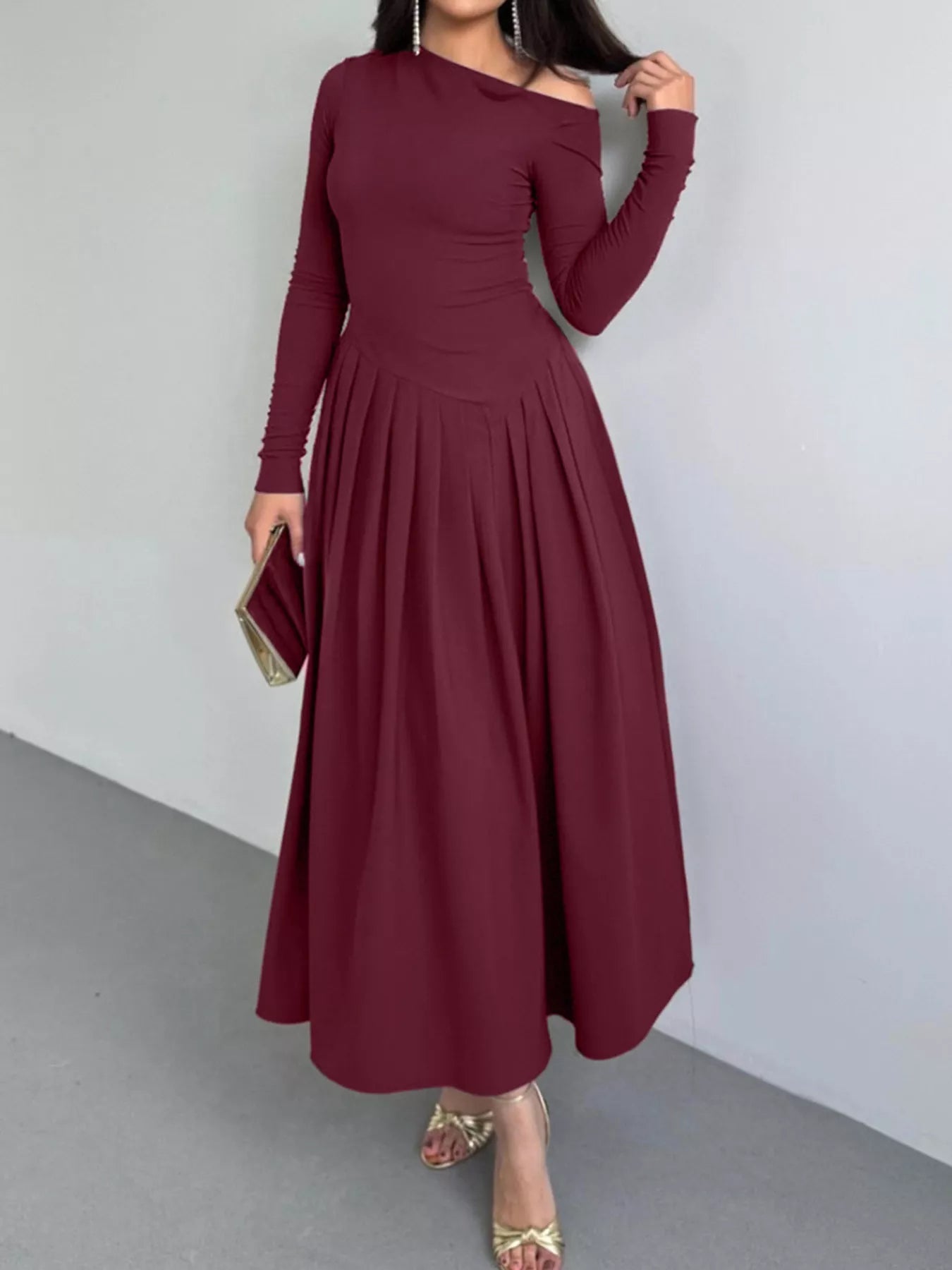 Ruched One Shoulder Long Sleeve Dress 