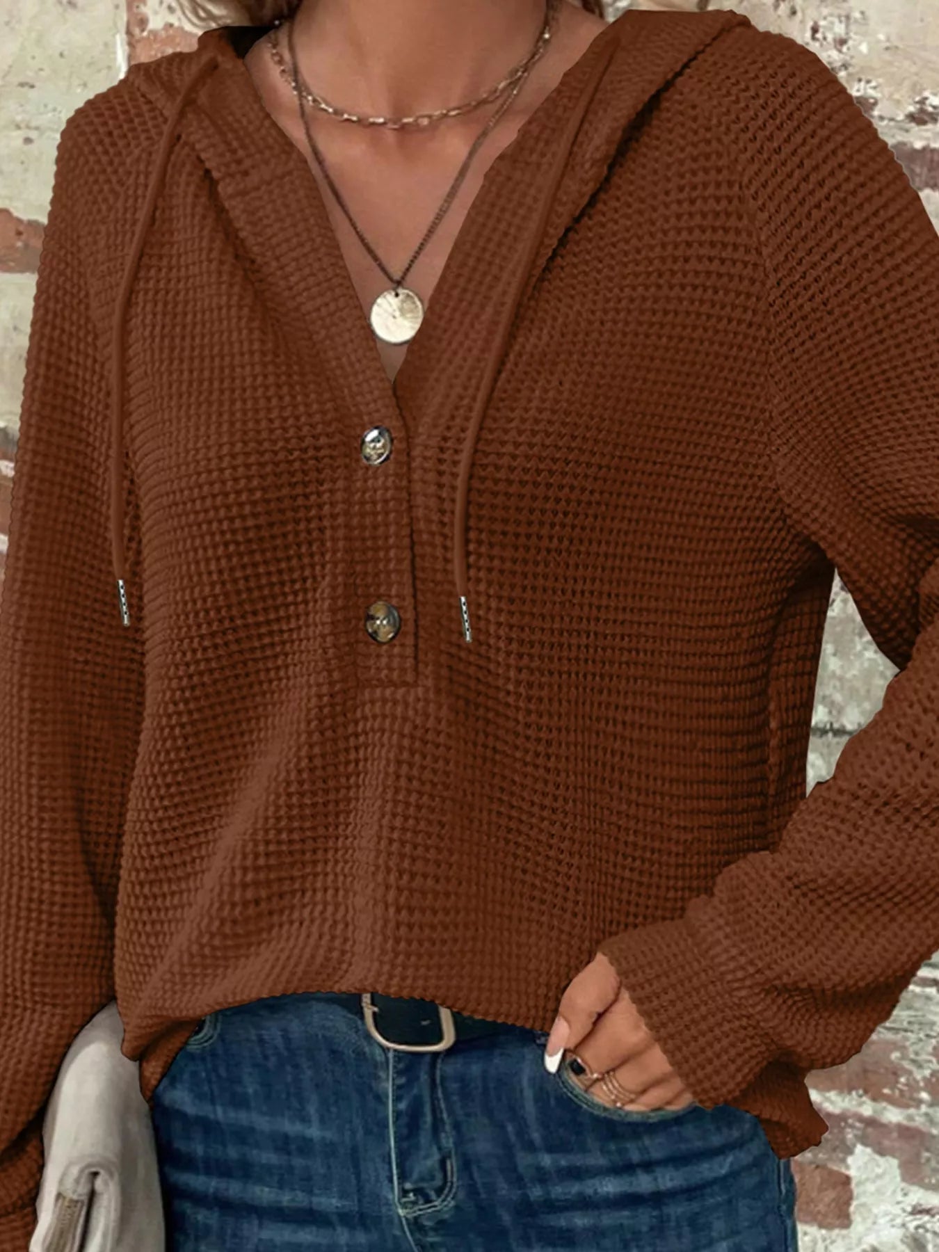Casual Waffle Knit Button Detail Hoodie 