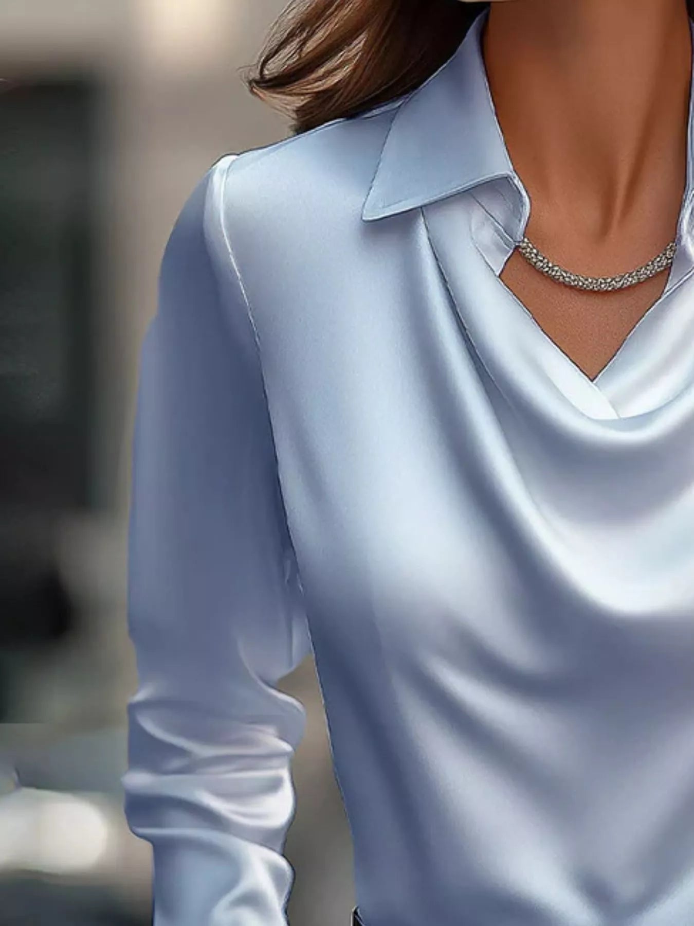 Ruched Long Sleeve Drape Collar Blouse 