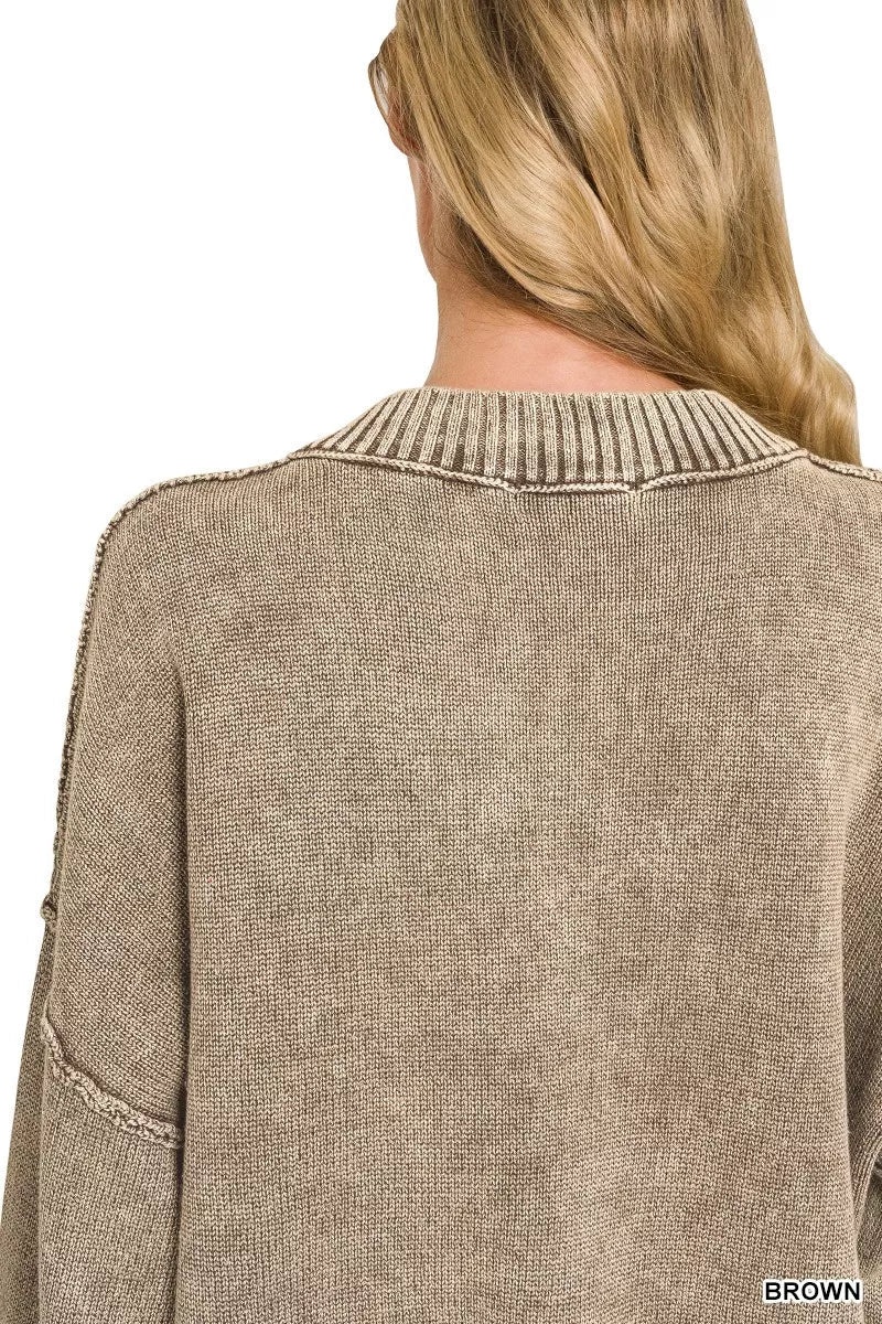 Zenana Washed Deep V-neck Oversized Sweater 