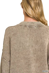 Zenana Washed Deep V-neck Oversized Sweater 