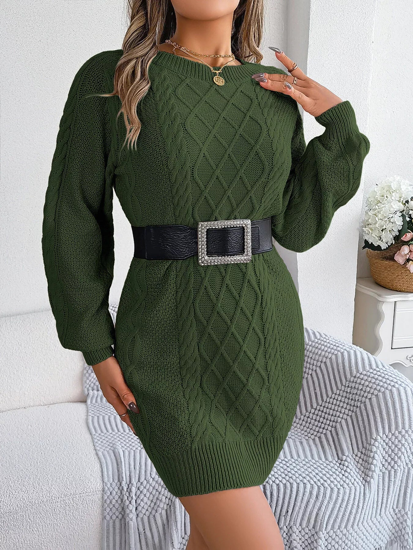 Diamond Cable Knit Sweater Dress with Long Sleeves 