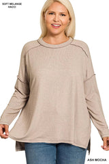Zenana Full Size Melange Hacci Exposed Seam Hi-low Tee Plus Size 