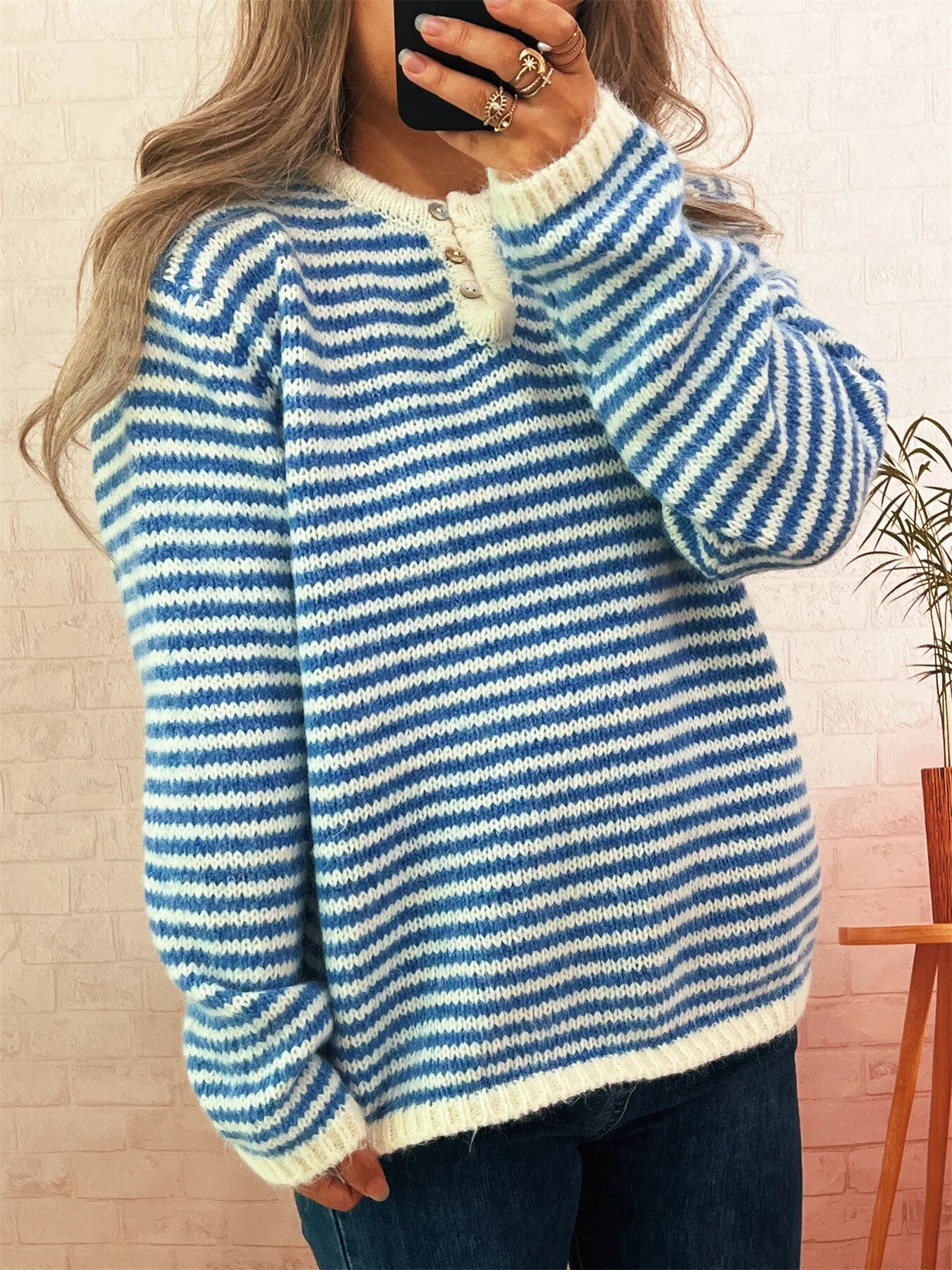 Striped Button Detail Long Sleeve Sweater 