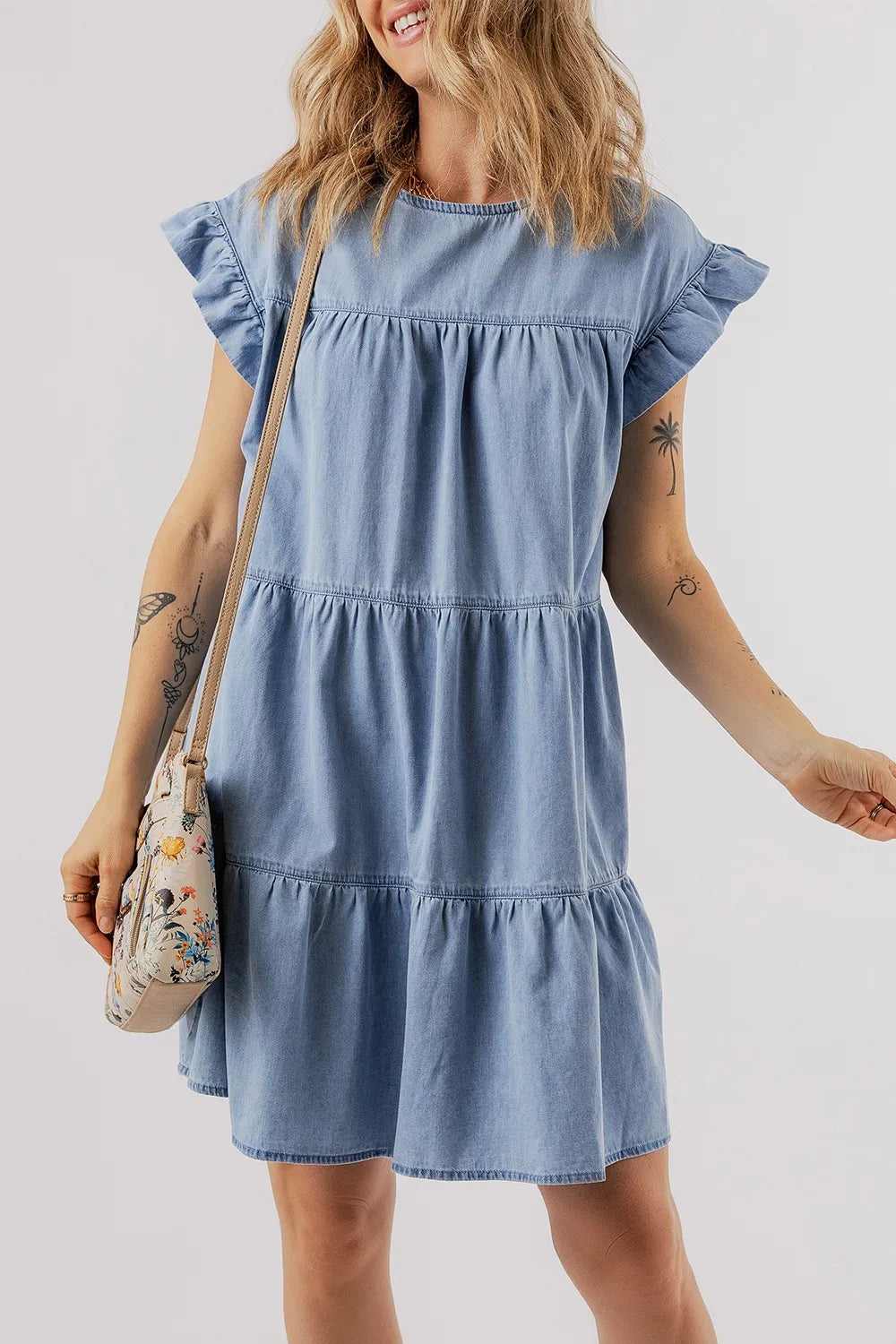 Ruffle Cap Sleeve Tiered A-line Denim Dress 