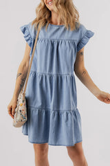 Ruffle Cap Sleeve Tiered A-line Denim Dress 