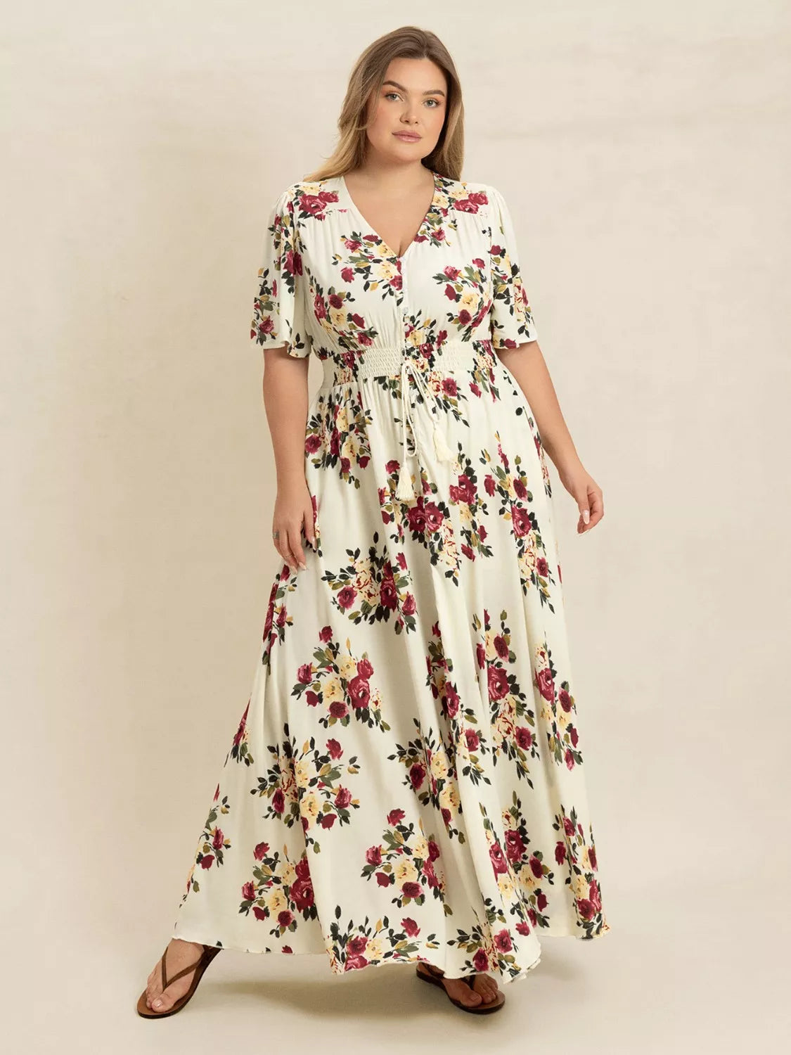 Plus Size Floral Flutter Sleeve Maxi Dress with Button Front 