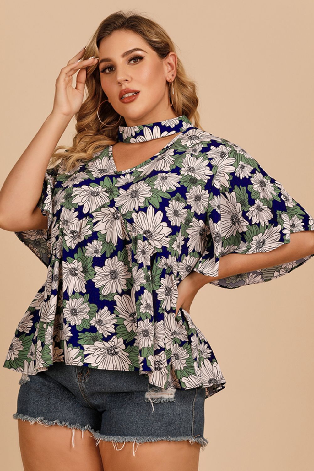 Plus Size Floral Flutter Sleeve Cutout Blouse 