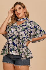 Plus Size Floral Flutter Sleeve Cutout Blouse 