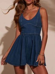 Smocked Back Adjustable Strap Denim Mini Dress 