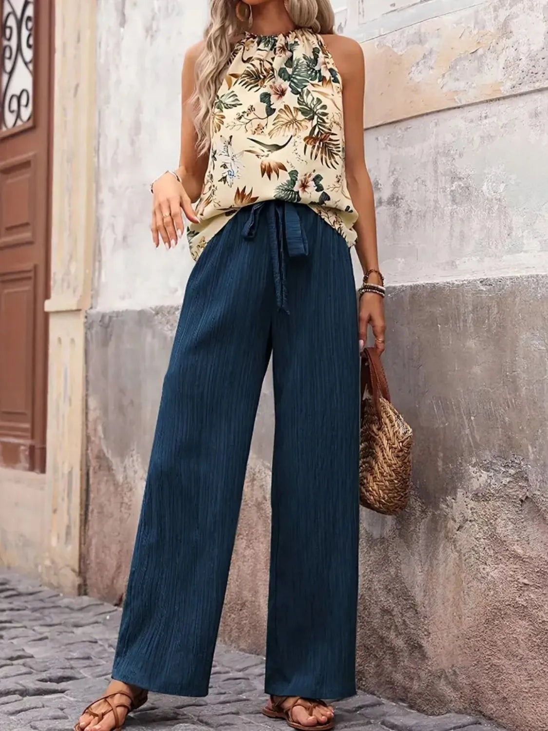 Printed Tank Top and Wide Leg Pants Set 