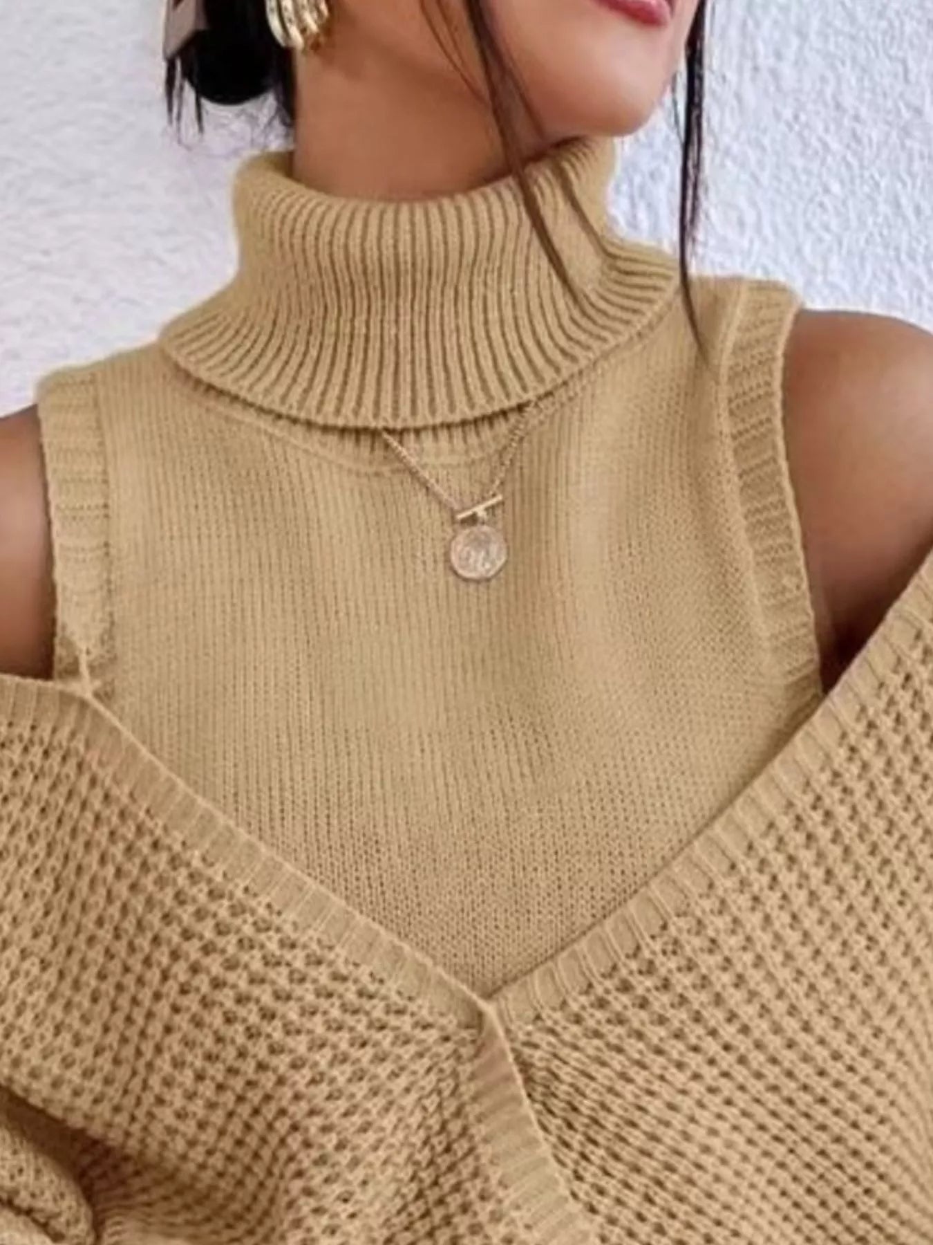 Waffle Knit Cold Shoulder Turtleneck Sweater 