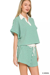 Zenana Striped Collared Top & Shorts Set 