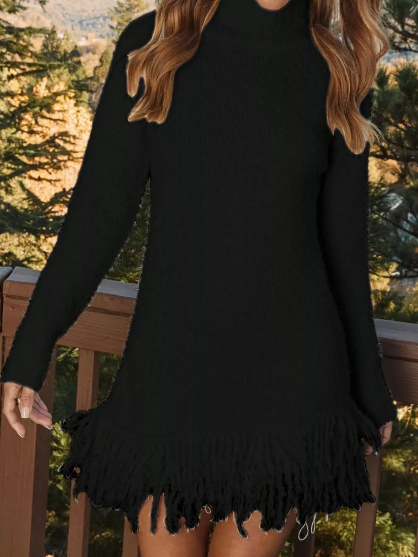 Fringe Turtleneck Long Sleeve Sweater Dress 