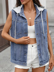 Button Up Removable Hooded Sleeveless Denim Jacket 