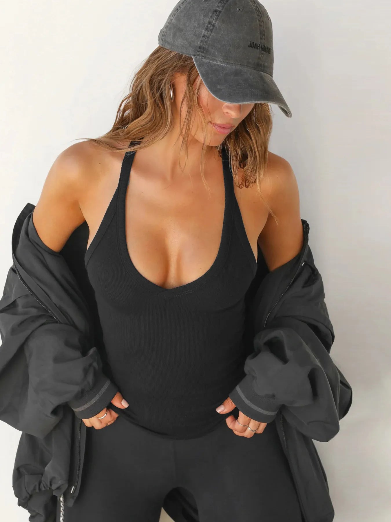 Ribbed V-Neck Halter Tank Top 