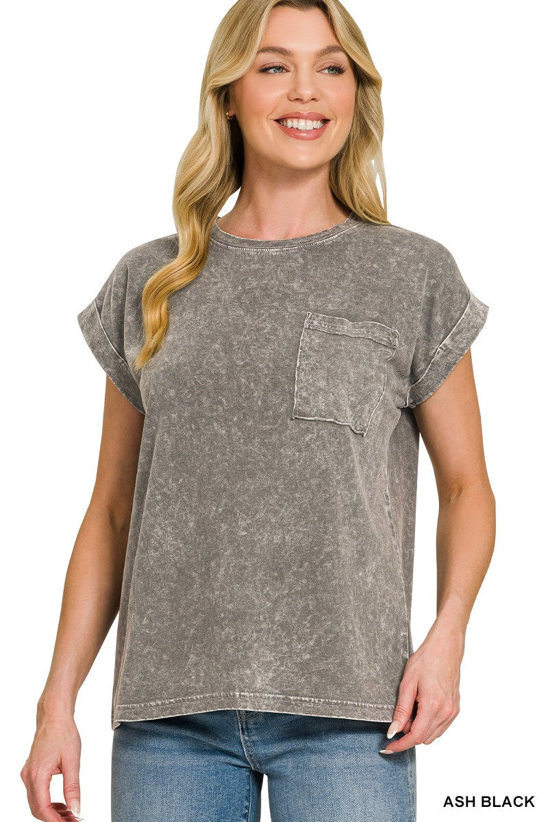 Zenana Halo Snow Washed Cuffed Short Sleeve Tee 