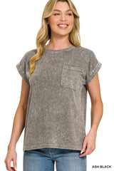 Zenana Halo Snow Washed Cuffed Short Sleeve Tee 