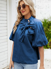 Denim Bow Tie Puff Sleeve Top 