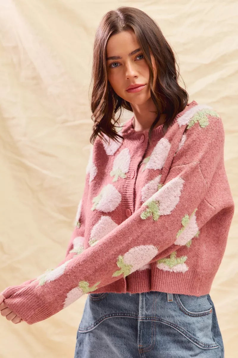 SO ME Strawberry Fruit All Over Button Sweater Cardigan 
