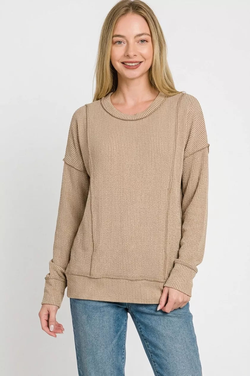 Zenana Corded Rib Long Sleeve Round Neck Top 