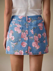 Floral Print Denim Skirt 