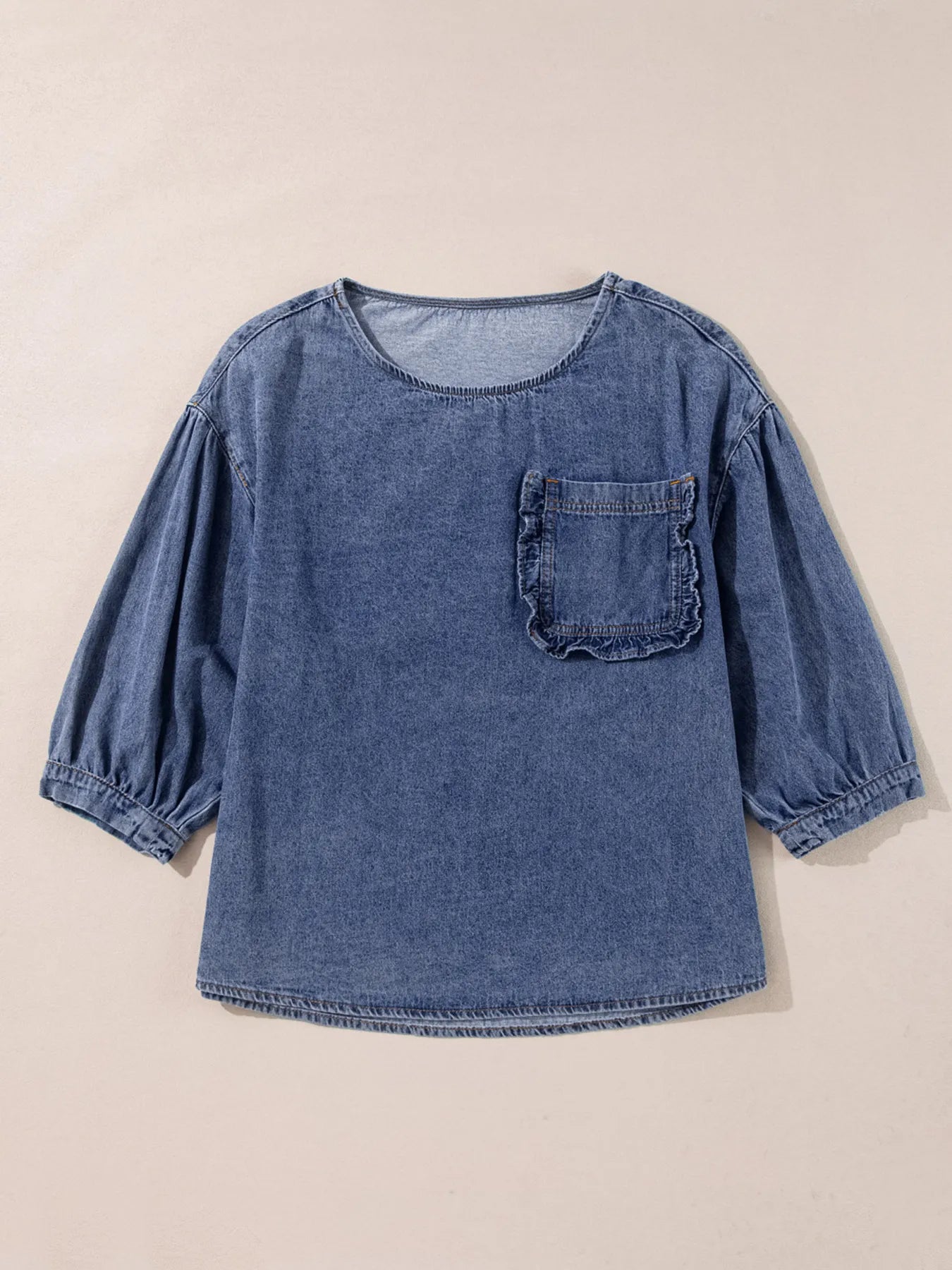 3/4 Sleeve Ruffled Patched Pocket Denim Blouse 