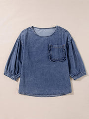 3/4 Sleeve Ruffled Patched Pocket Denim Blouse 