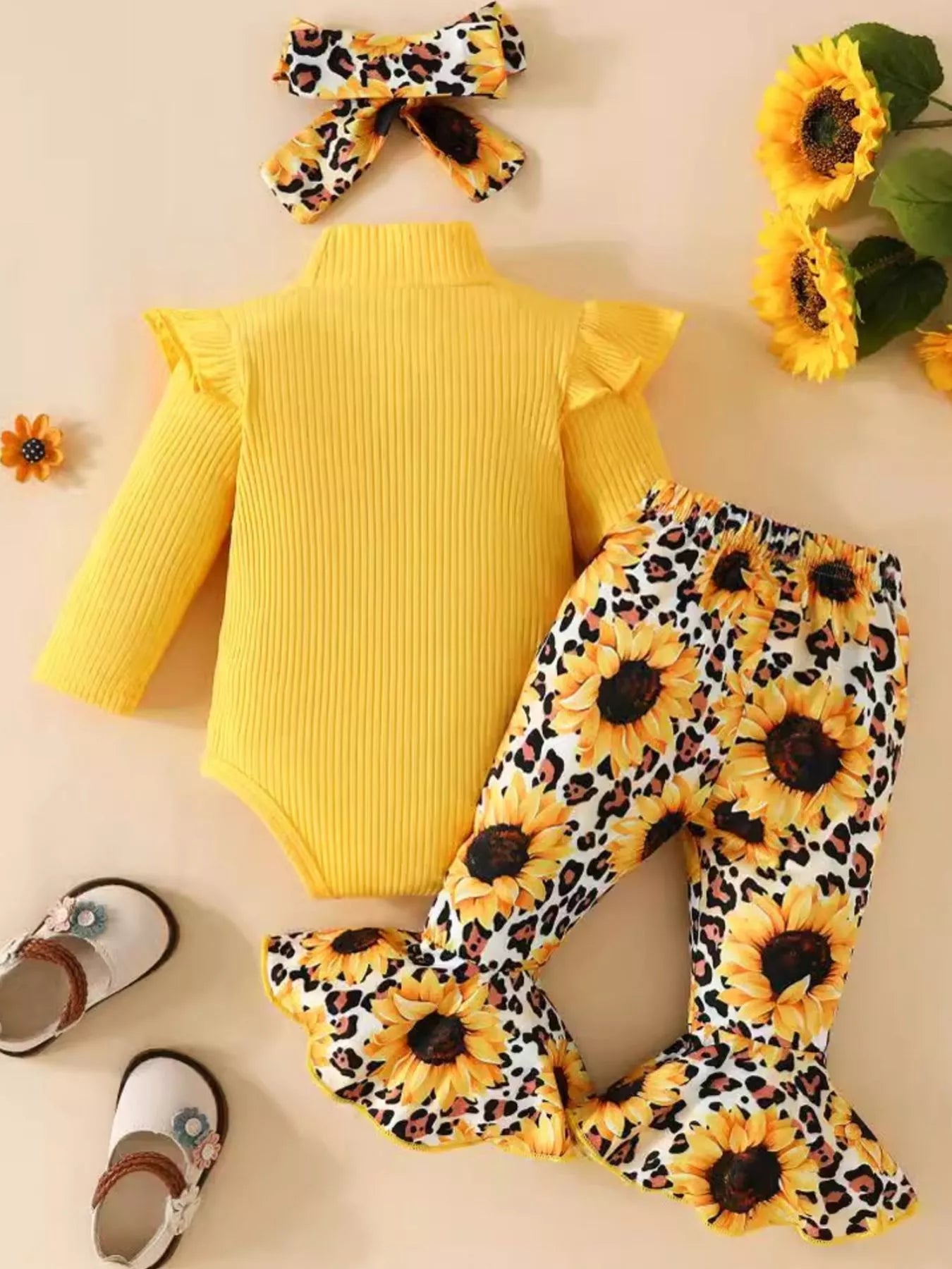 Children's Ruffled Bodysuit and Sunflower Pants Set 