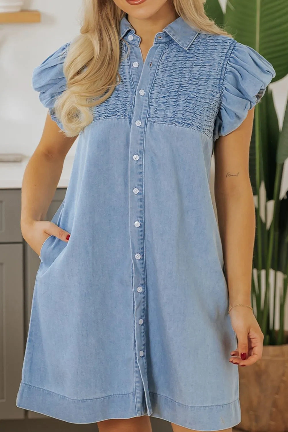 Smocked Collared Neck Cap Sleeve Denim Dress 