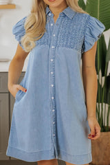 Smocked Collared Neck Cap Sleeve Denim Dress 