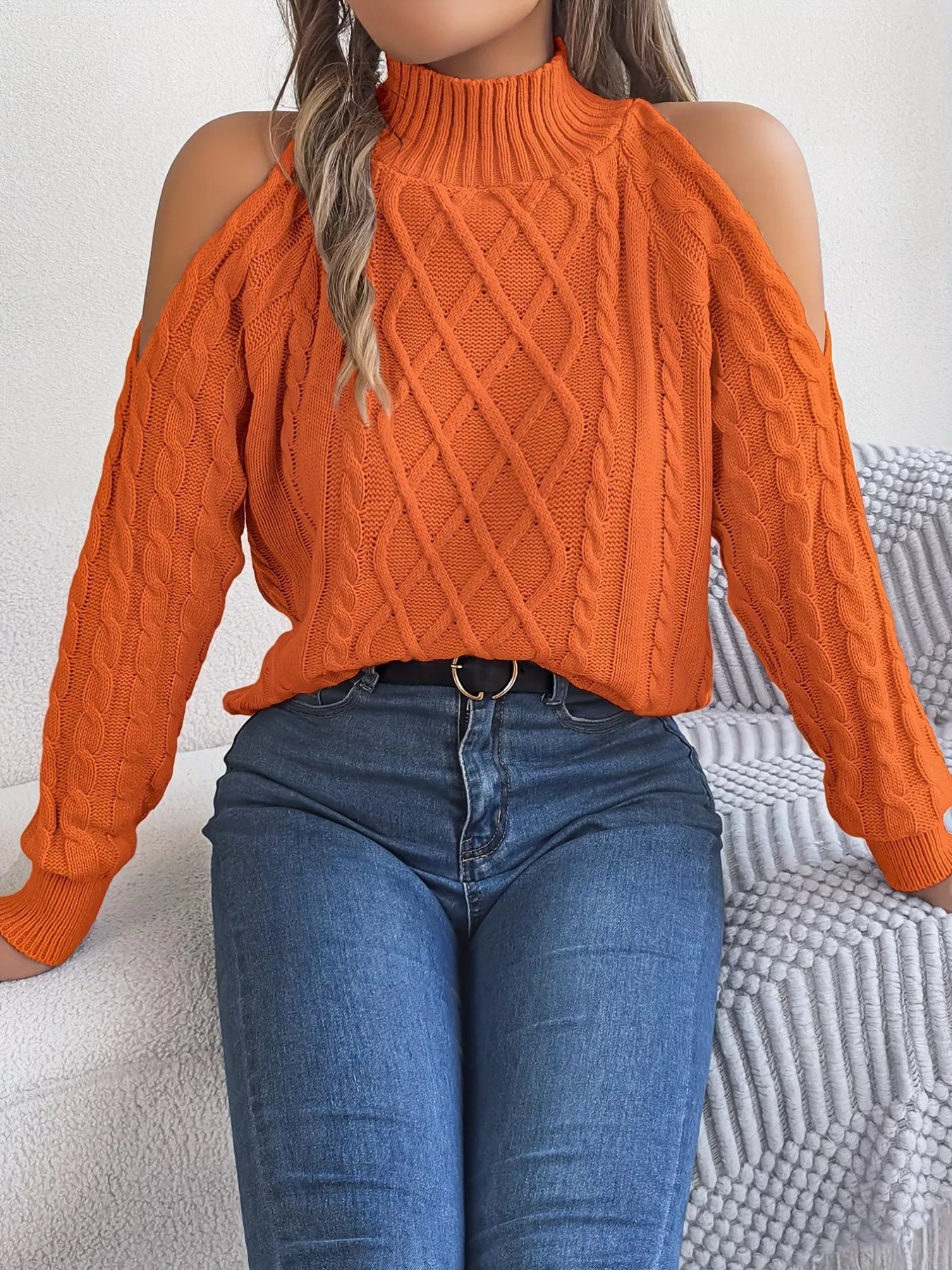 Cable Knit Cold Shoulder Turtleneck Sweater 