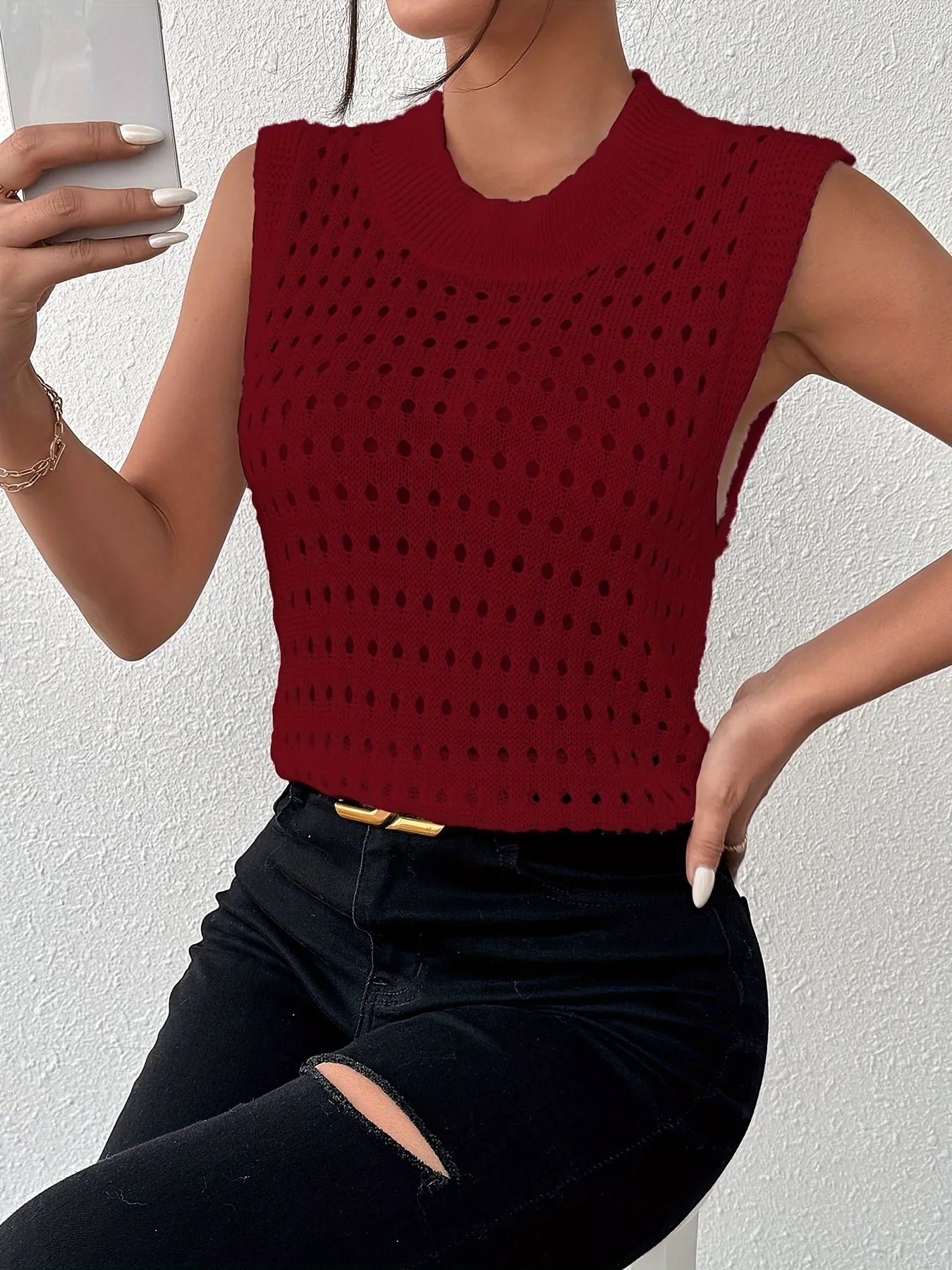 Hollow Out Round Neck Knit Tank 