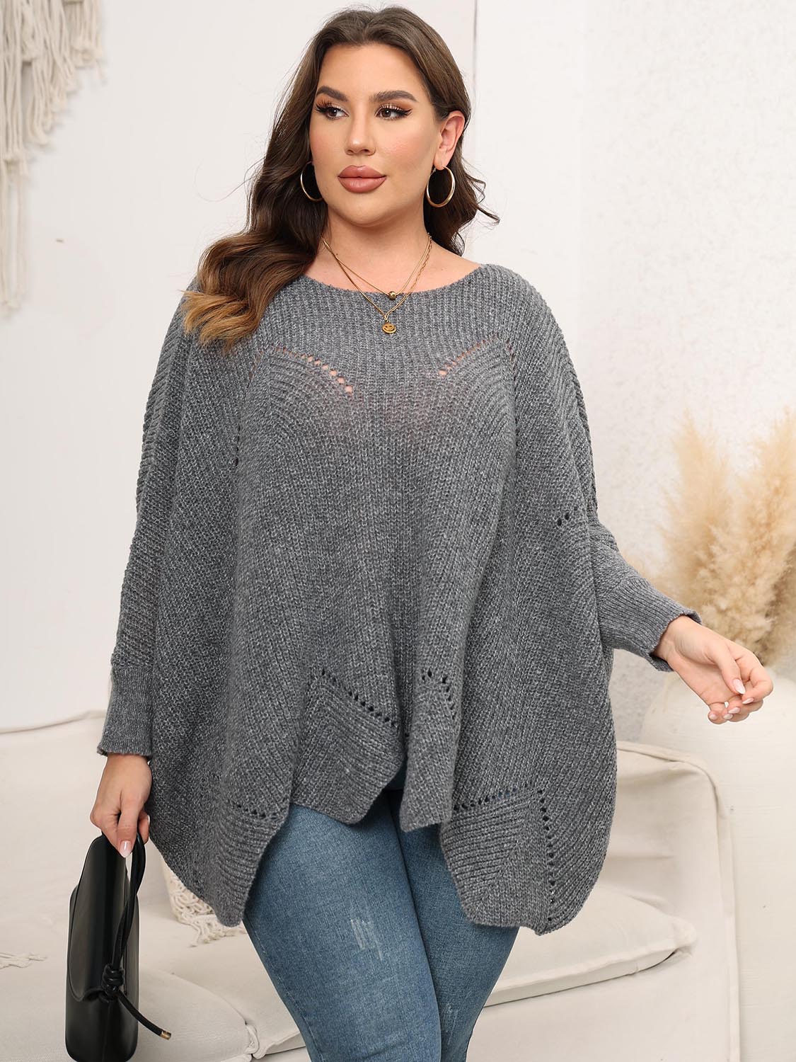 Plus Size Round Neck Batwing Sleeve Sweater 