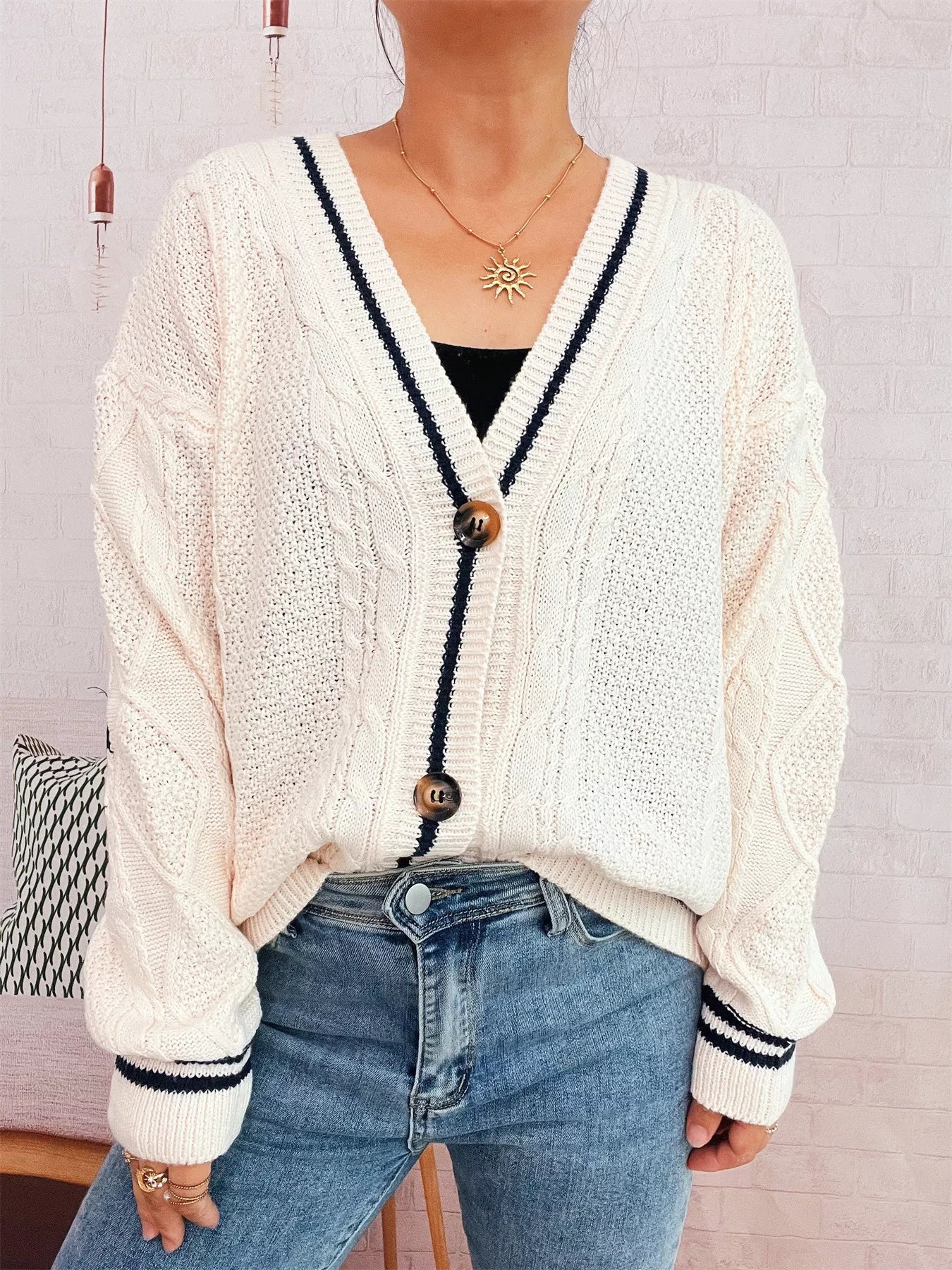 Star Pattern Button-Up Cardigan with Contrast Trim 