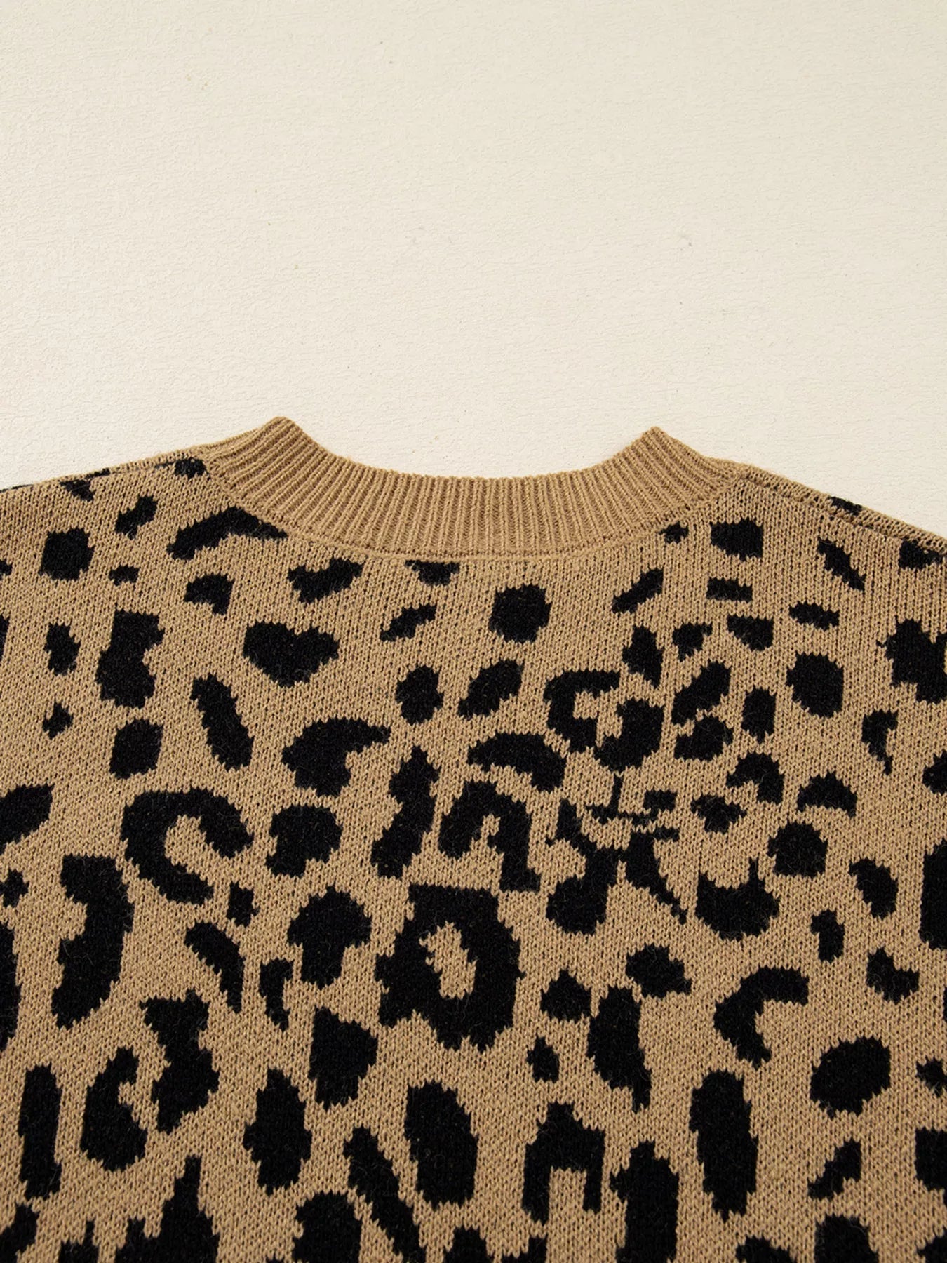 Ribbed Trim Round Neck Leopard Drop Shoulder Sweater 