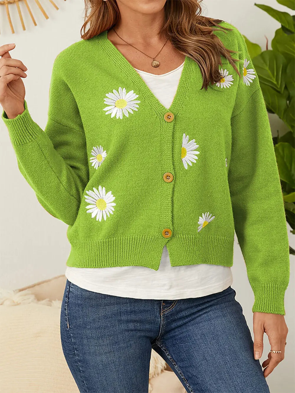 Flower Button Front Dropped Shoulder Cardigan 