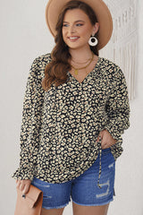 Plus Size Floral Flounce Sleeve Tie-Neck Blouse 