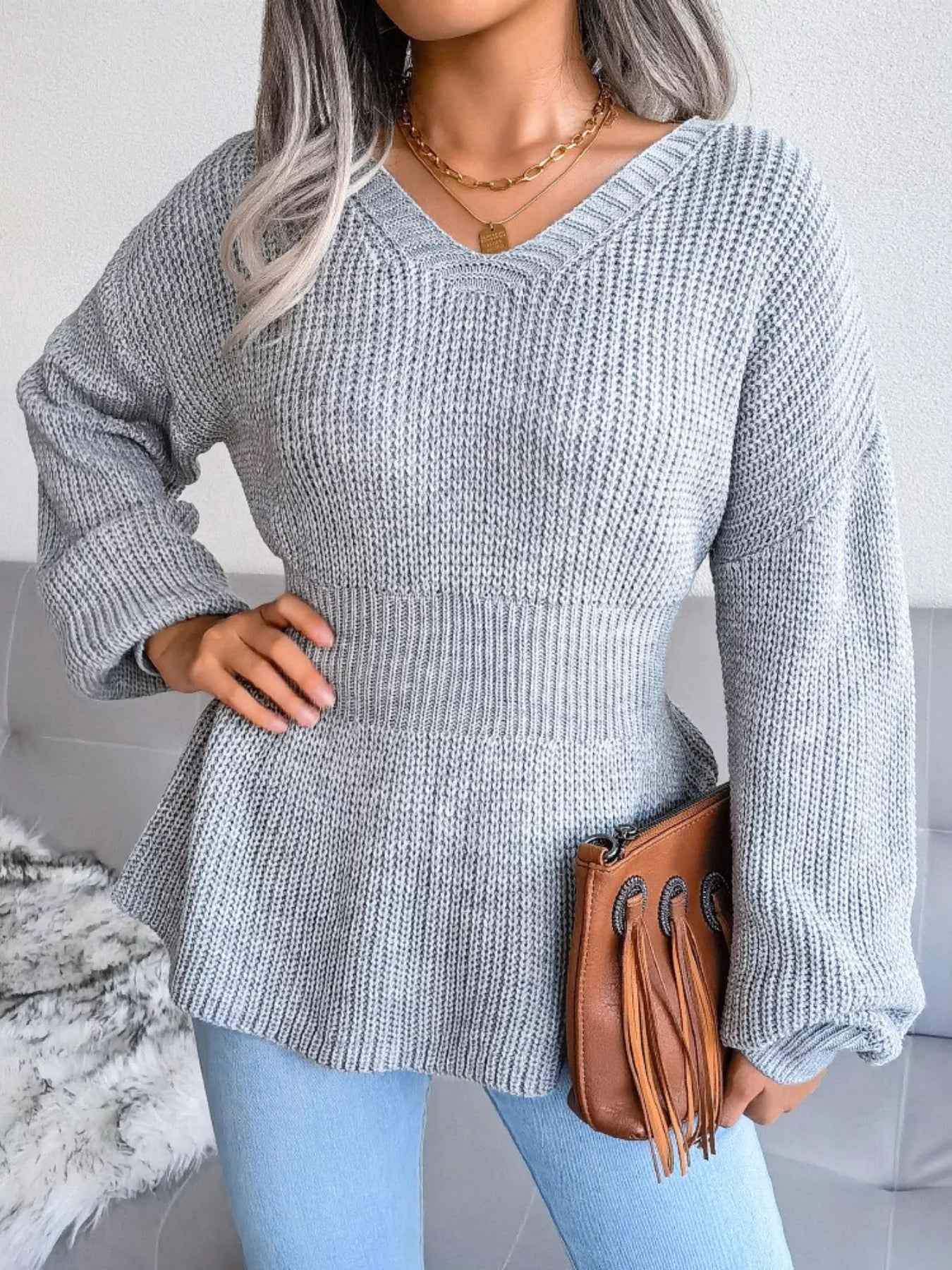 V-Neck Dropped Shoulder Sweater 